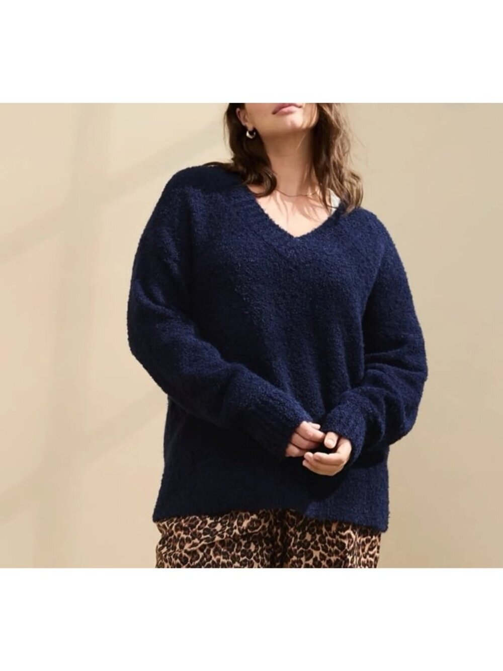 Aerie Teddy Boucle Sweater Navy Blue V Neck S NWT
